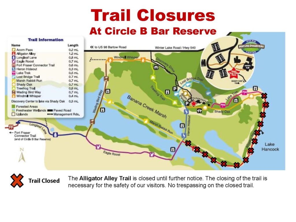 Trail Map incidcation the closure of Alligator Alley at Circle B Bar