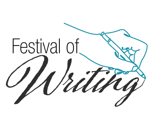 Festival of Writing logo, blue outline of hand writing with pen