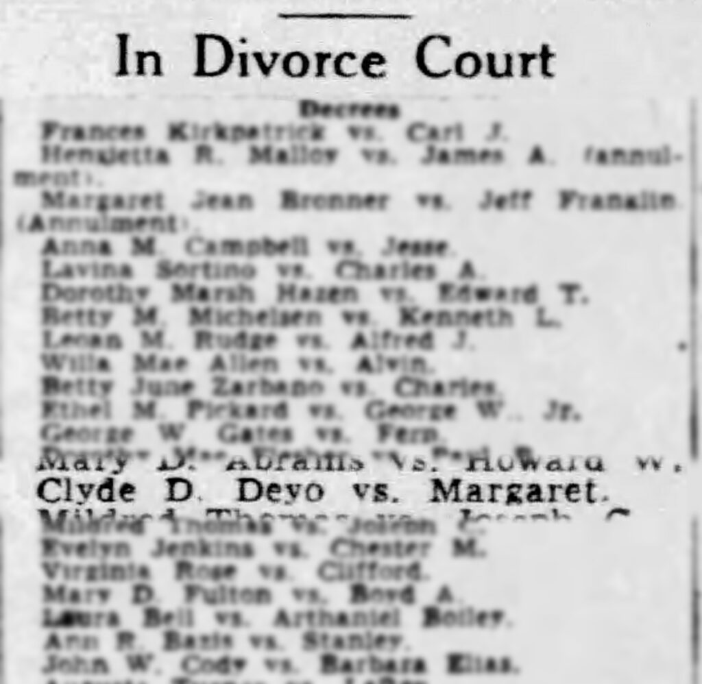 Evening World Herald newspaper clipping showing Clyde D. Deyo and Margaret Deyo divorce decree